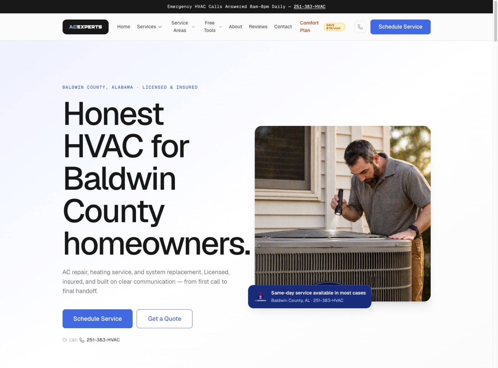 ACExperts HVAC homepage — hero and service overview, live at acexperts251.com