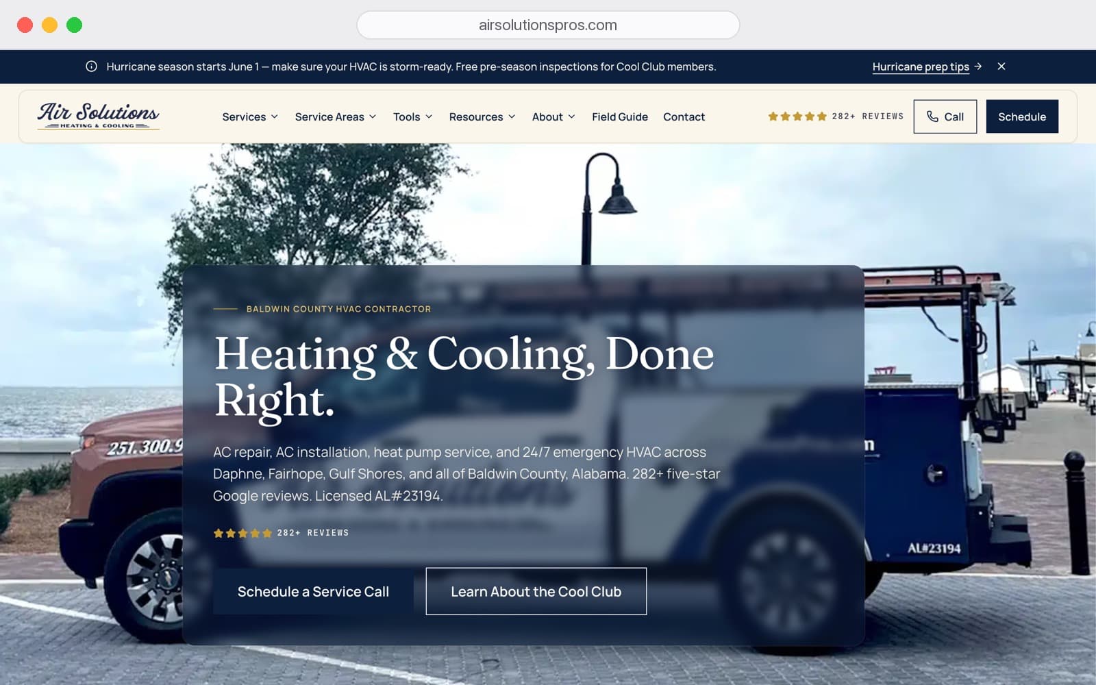 Air Solutions Heating & Cooling homepage, shown in a browser frame at airsolutionspros.com