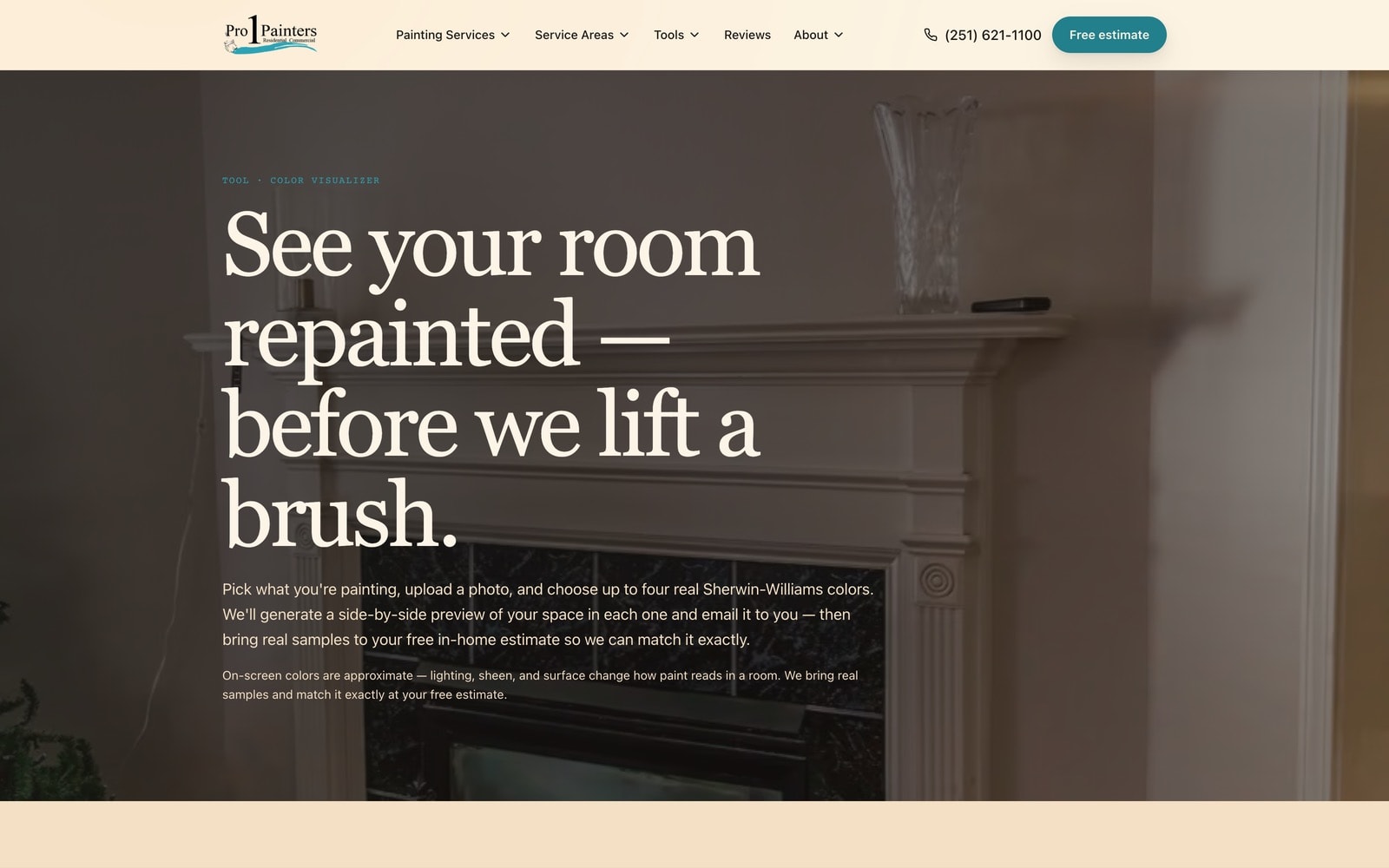 Pro 1 Painters on-device color visualizer, recoloring a room in the browser