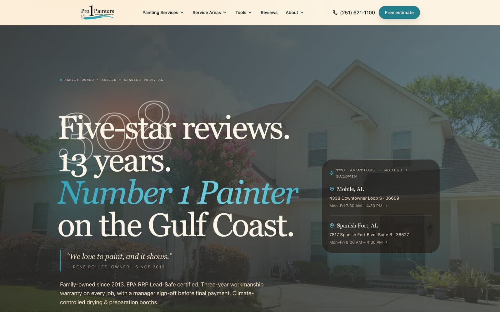 Pro 1 Painters homepage, shown in a browser frame at pro1painters.com