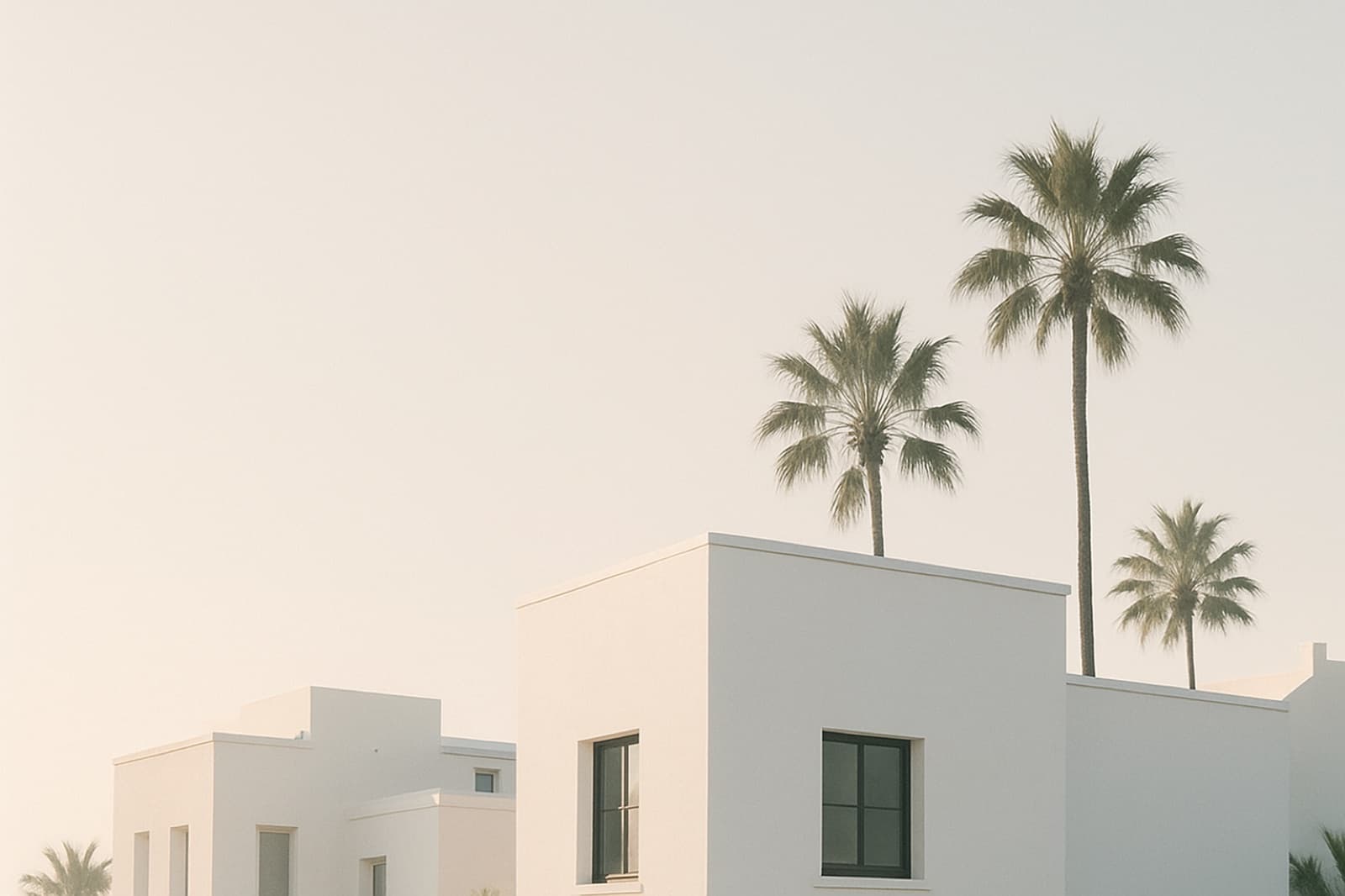 White modernist coastal homes and palm trees against a warm, pale Southwest Florida sky